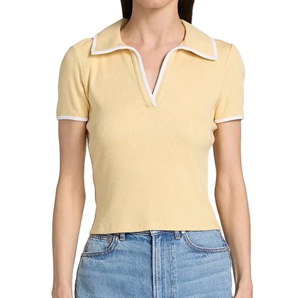 Veronica Beard Chamomile Yellow Kearney Stretch Cotton Ribbed Polo T-Shirt Sz XL